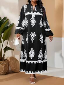 SHEIN Lady Spring And Summer Elegant Commuting Office Casual Boho Casual Outing Colorful Woven Notched Ball Gown Bishop Sleeve Tassel A Line Dress Tunic Dress Long Wrist-Length Sleeve Plus Size Dresses Classy Outfits For Women Beach Vacation Boho Women Clothing Boho Sun Dress Vacation Dress Vacation Outfits Women Vacation Dresses For Women Elegant Spring Dresses For Women Spring Outfits For Women Summer Outfits For Women - Black and White - View 6