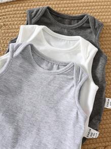 SHEIN Set de 3 piezas de peleles sin mangas de punto suave de cuello redondo de unicolor para recién nacido niño/niña - Gris - Ver 4