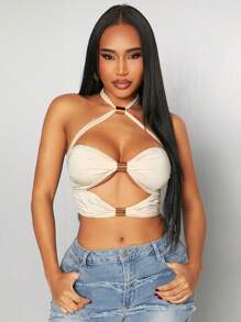 SHEIN SXY Spring And Summer Solid Apricot Sexy Casual Jealous Hollow Halter Vest Metal Decoration Cropped Top Music Festival/Date/Gathering/Party/Birthday/Island Vacation/Holiday Travel Clothing - Apricot - View 3