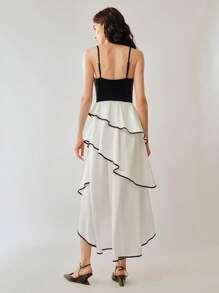 Chiquease Women Velvet Patchwork Contrast Color Tiered Midi Dress
