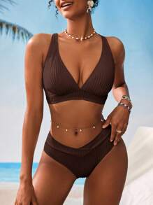 Swim Vcay Women V-Neck Textured Striped Bikini Set For Summer Beach Vacation - Brown - View 3