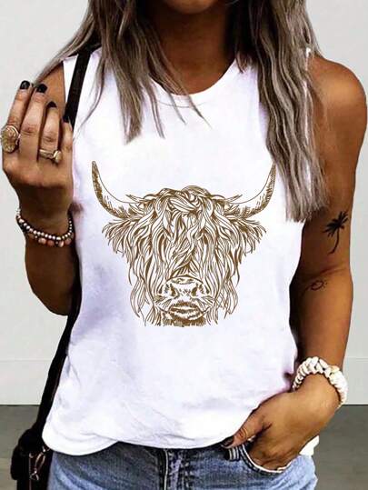 SHEIN Casual Bull Head Print Round Neck Tank Top