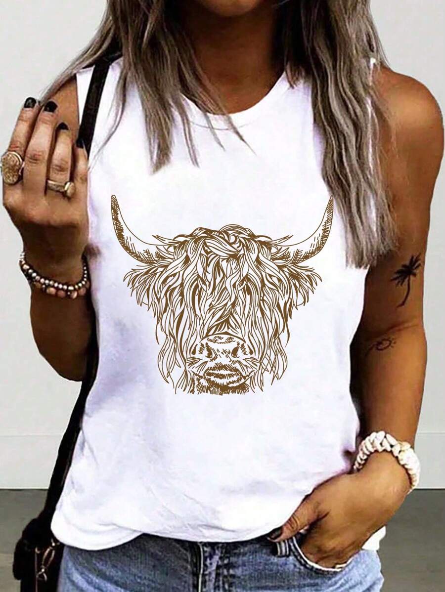 SHEIN Top de tirantes de cuello redondo con estampado de cabeza de toro casual - Blanco - Ver 1