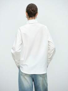 Aalyst Women's Fashion Casual Commute Elegant Long Sleeve Lapel Open Front Solid Color 100% Cotton Shirt - White - View 2