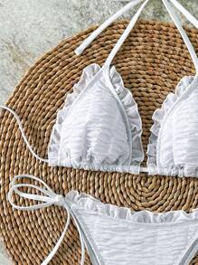 Swim SXY Springbreak Fashionable Elegant Cute Draped Frilled Metallic Mesh Triangle Halter Solid Color Side-Tie Bikini Two-Piece Swimwear, Summer Beach Vacation - White - View 3