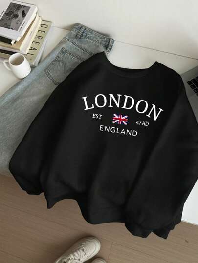 SHEIN EZwear Sudadera suelta de mujer de manga larga, cuello redondo, estampado gráfico minimalista casual de Londres, Inglaterra, para otoño/invierno