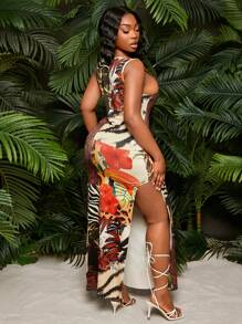 SHEIN SXY Plus Size Women's Sleeveless Animal Print Spliced Backless Split Hem Beach Party Dress, Suitable For Everyday, Beach Vacation, Date Night, Birthday, Bachelorette Party, Cute, Casual, Shopping, Streetwear, Going Out, , Easy To Match & Looks Slim, Accentuates The Body, Flatters The Figure