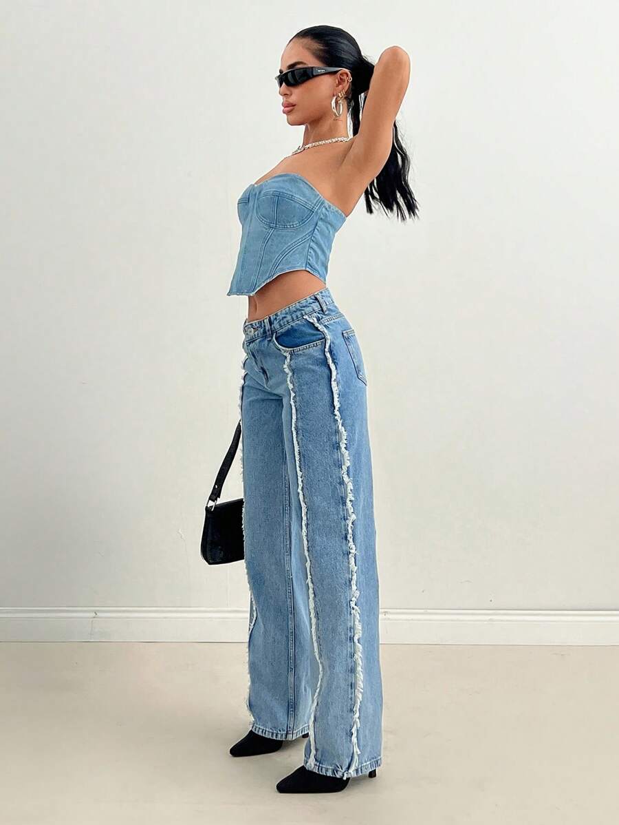 EURMUSE WOMEN STRAIGHT LOW WAIST JEANS - Medium Wash - View 1