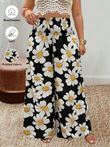 Breezaya 大码女式花卉印花松紧腰休闲阔腿裤 - 黑色 - 查看 1