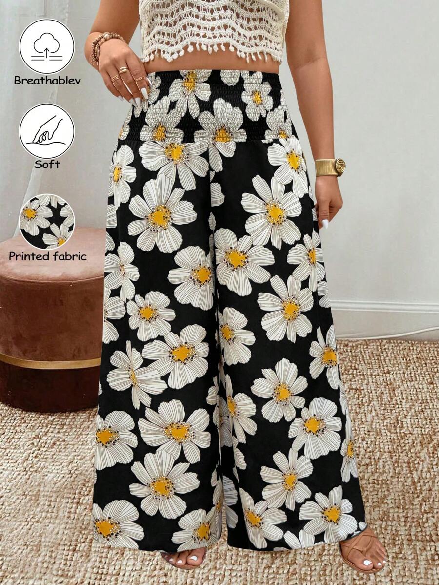 Breezaya 大码女式花卉印花松紧腰休闲阔腿裤 - 黑色 - 查看 1
