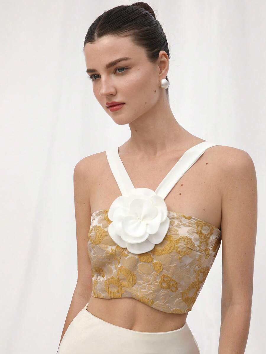 Aveloria Rosie French Vintage Elegant Special Elegant Reducing Age Contrast Color Delicate Jacquard Fabric Strapless V-Neck Blooming Floral Cropped Midriff-Baring Women Top   For Summer