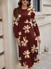 SHEIN Clasi Casual Floral Pattern Round Neck Women Dress, Suitable For Spring And Summer - Burgundy - View 1