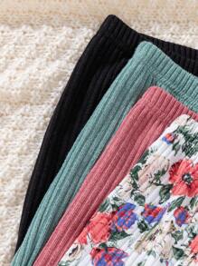 SHEIN Tween Girls Casual Ditsy Floral Digital Print & Solid Ribbed Wide Leg Pants, Multi-Pack - Multicolor - View 8