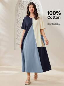Mulvari Women's Color Block Round Neck Short Sleeve Simple Daily Dress - Navy Blue - View 1