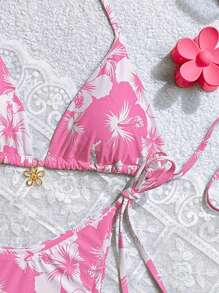 Swim Mod 2025 年春假女士夏季海滩花卉印花吊带性感比基尼套装，可爱泳衣 - 粉色 - 查看 4