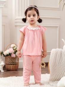 SHEIN 2pcs/Set Baby Girls Cute Minimalist Lace Trim Round Neck Short Sleeve Loose And Comfy Pink Knit Pajama Set Baby Clothes For Girls Baby Girls Sets Baby Girl Clothes Cotton Baby Clothes For Girls Casual Cotton Baby Girl Clothes Baby Girl Cotton Clothes