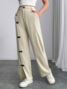 Calvaya Women's Straight Leg Loose Casual Pants With Button Design