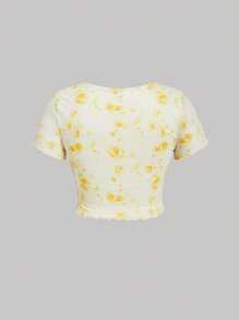 SHEIN MOD Plus Size Yellow Romantic Floral Print T-Shirt With Ruffle Trimmed Decorative Straps And Front Twisted Knot For Summer, Going Out Tops, Plus Tops, Tops - Yellow - View 2