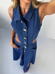 Forever 21 Sleeveless Vintage Elegant Street Style Dress For Women, Spring - Medium Wash - View 3