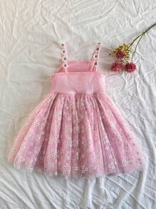 SHEIN 年轻夏季田园时尚无袖网眼连衣裙，适合家庭聚会、度假、派对和宴会 - 粉色 - 查看 3