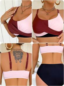 Swim DD+ Women's Color Block Cross Front Bikini Set, For Vacation, For Summer Beach - Multicolor - View 8