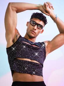 FeverCity Regata Cropped Masculina Sexy de Prata com Corte a Laser - Preto - Visão 1