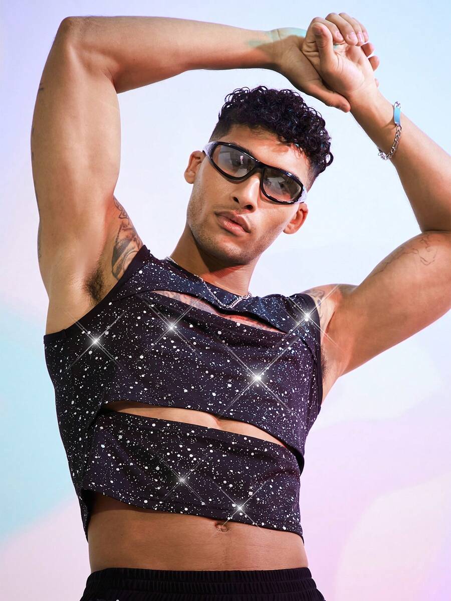 FeverCity Regata Cropped Masculina Sexy de Prata com Corte a Laser - Preto - Visão 1
