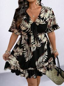 SHEIN Clasi 大码女式波西米亚风热带植物印花系带连衣裙，适合度假、夏季 - 黑色 - 查看 6