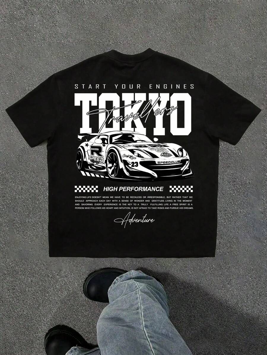 Manfinity EMRG Men's Street Racing Tokyo Drift Slogan Print Loose Fit Oversized Drop Shoulder Black T-Shirt - Black - View 1