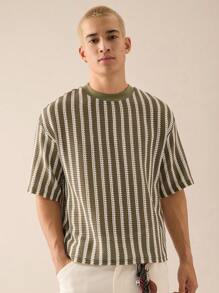 Manfinity VCAY Standard Size Men's Fashion Casual Knitted Hollow Mesh White And Green Striped Loose Dropped Shoulder T-Shirt, Summer, School - Green - View 1