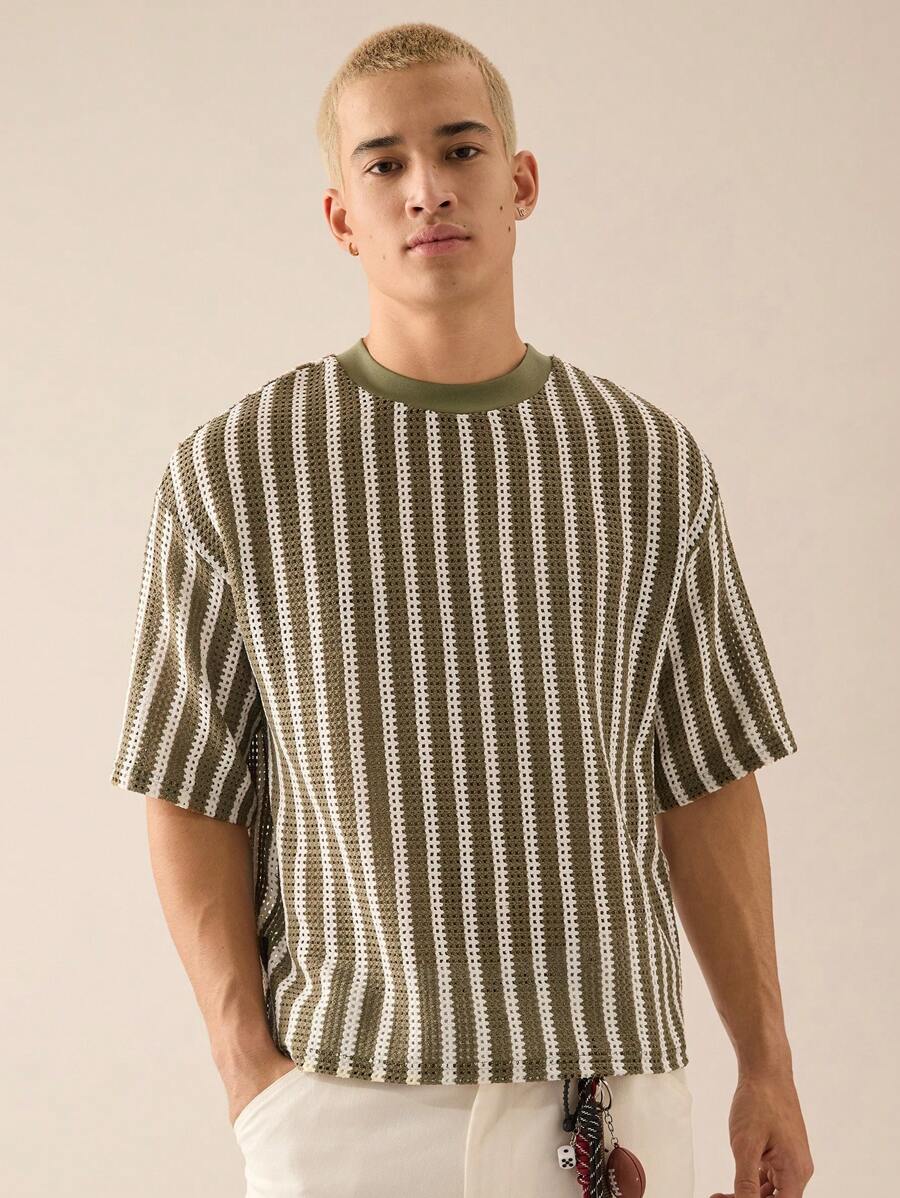 Manfinity VCAY Standard Size Men's Fashion Casual Knitted Hollow Mesh White And Green Striped Loose Dropped Shoulder T-Shirt, Summer, School - Green - View 1