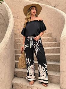 SHEIN LUNE 2pcs/Set Plus Size Fashionable Casual Off Shoulder Ruffle Sleeve Top And Self Tie Pants - Black - View 6