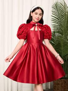 SHEIN 青少年女孩合身优雅镂空腰部喇叭形 A 字形连衣裙 - 紅色 - 查看 1