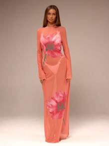 MUSERA Mesh Floral Printed Backless Maxi Dress Vacation Summer Sheer Flower Ibiza Outfit, Holiday, Club Outfit Long Dress - Orange - View 1