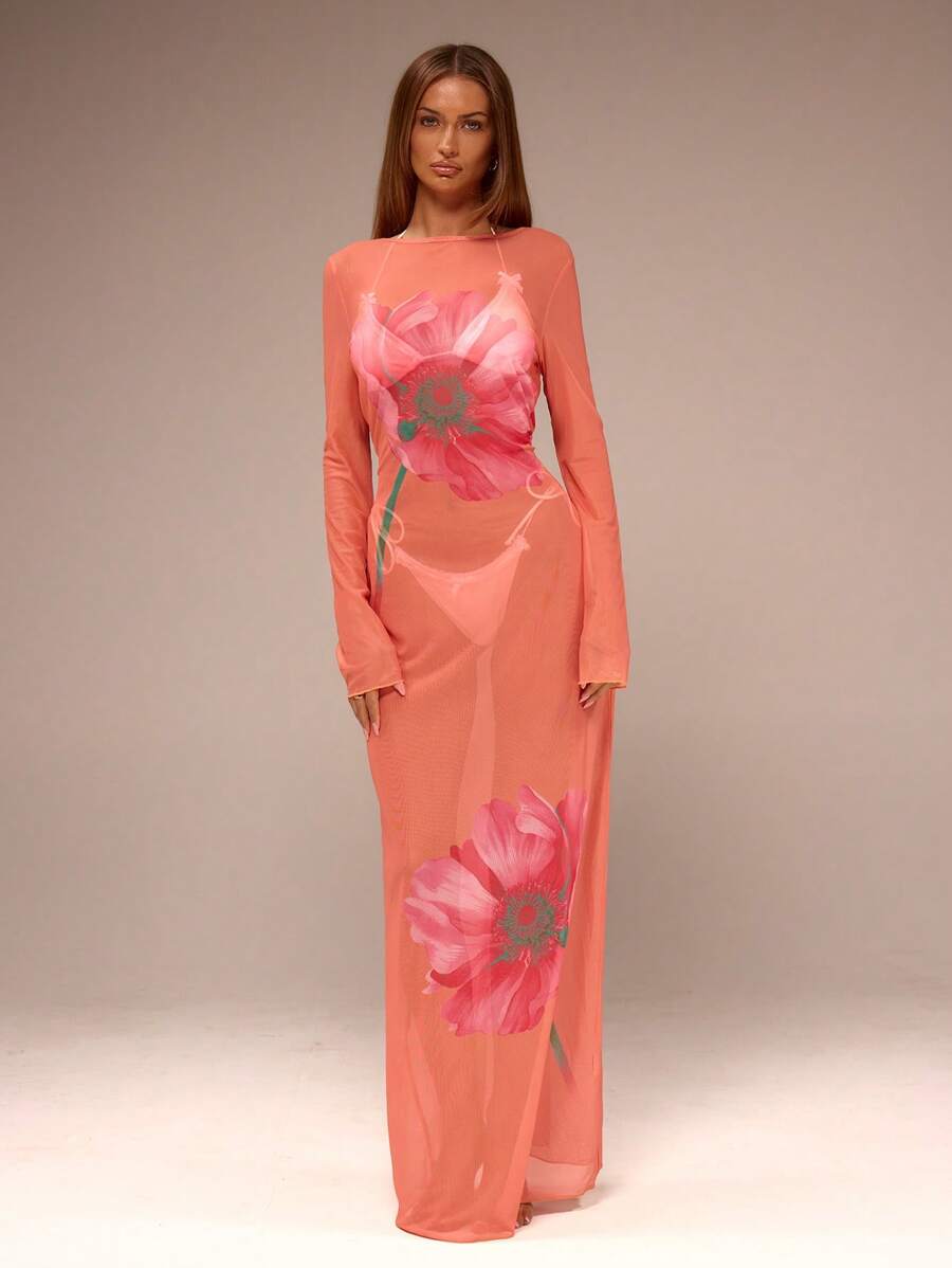 MUSERA Mesh Floral Printed Backless Maxi Dress Vacation Summer Sheer Flower Ibiza Outfit, Holiday, Club Outfit Long Dress - Orange - View 1