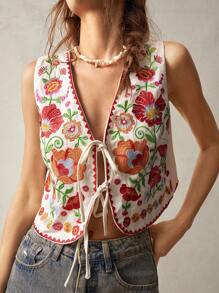 Bohemela Plus Size Front Tie Sleeveless Flower Embroidered Casual Jacket,Vintage Winter Fall Autumn - Beige - View 6