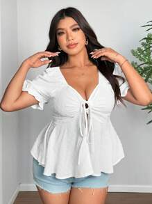 SHEIN Clasi Plus Size Women's Front Tie V-Neck Ruffle Hem Short Sleeve Blouse - White - View 4