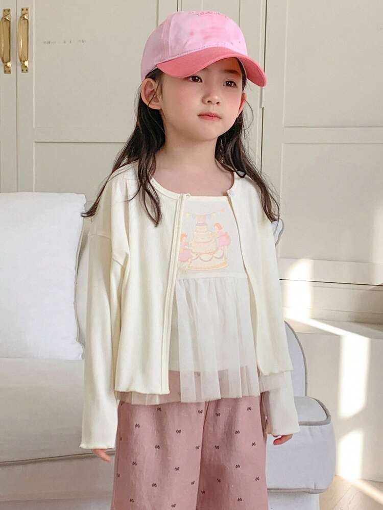 Young Girl Solid Color Drop Shoulder Long Sleeve Jacket And Cake Print Camisole Set