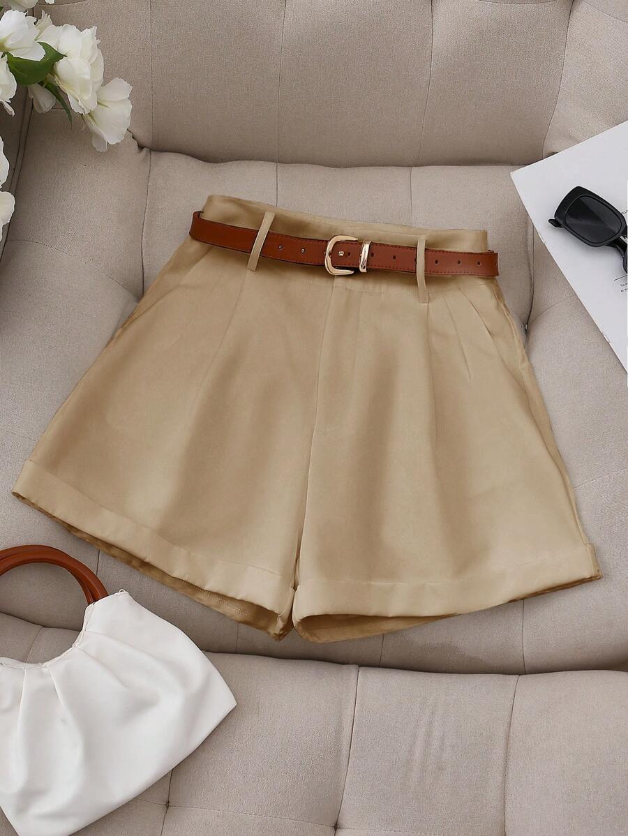 SHEIN PETITE Quần Short Thường Ngày Cho Nữ, Phong Cách Tối Giản, Mặc Hàng Ngày - Màu Khaki - Xem 1