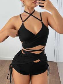 SHEIN ICON 2pcs/Set Fashionable & Sexy Crisscross Cami Shorts Set - Black - View 1
