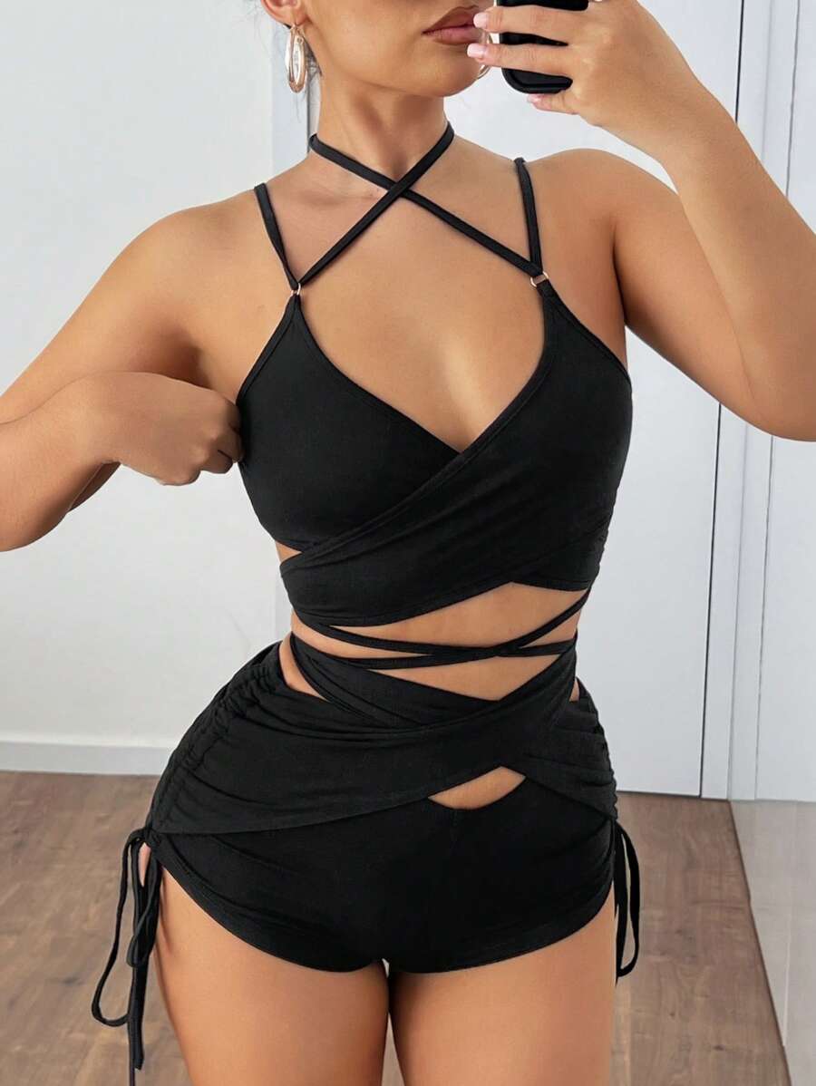SHEIN ICON 2pcs/Set Fashionable & Sexy Crisscross Cami Shorts Set - Black - View 1