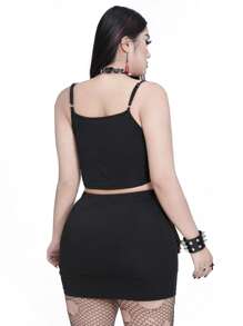 Whyspr Conjunto de 2 Peças Top e Mini Saia com Franjas em Malha Preta, Estilo Simples Oeste, para Mulheres Acima do Tamanho, Festival de Música e Férias, Primavera & Verão - Preto - Visão 3