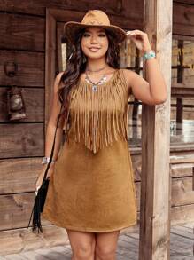 SHEIN LUNE 大码女式西式麂皮面料纯色无袖流苏连衣裙 - 卡其色 - 查看 5