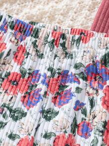 SHEIN Tween Girls Casual Ditsy Floral Digital Print & Solid Ribbed Wide Leg Pants, Multi-Pack - Multicolor - View 3