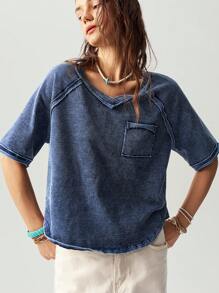 Bohemela Casual Solid Color V-Neck Short Sleeve Loose Washed Plus Size T-Shirt,Vintage - Blue - View 8