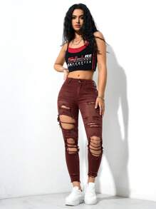 SHEIN EZwear Women's Front Button Pocket Distressed Simple Casual Denim Jeans - Rust Brown - View 3