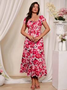 SHEIN VCAY Plus Size Boho Romantic Pink Floral Print Ruffle Hem Split Thigh Dress For Valentine's Day, Summer Outfits For Women, Graphic Outfits Women, Concert Outfit Women, Rave Outfits Festival - Multicolor - View 4