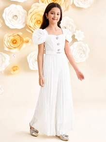 SHEIN Tween Girl Fitted Elegant Square Neck Elegant Puff Sleeve Wide Leg Pleated Jumpsuit - White - View 6
