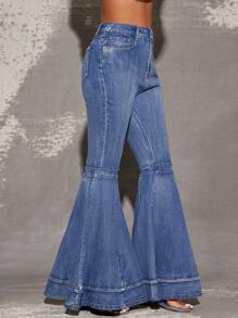 Vixey 层叠喇叭弹力牛仔裤，波西米亚风，波西米亚风女性，乡村音乐会，乡村 - 中等水洗藍 - 查看 4