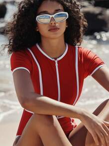 Swim SPRTY Women Spring Break Solid Color One-Piece Rash Guard, Red Contrast White Short Sleeve, Front Zipper, Tight Abdominal, For Summer Beach Vacation - Red and White - View 3